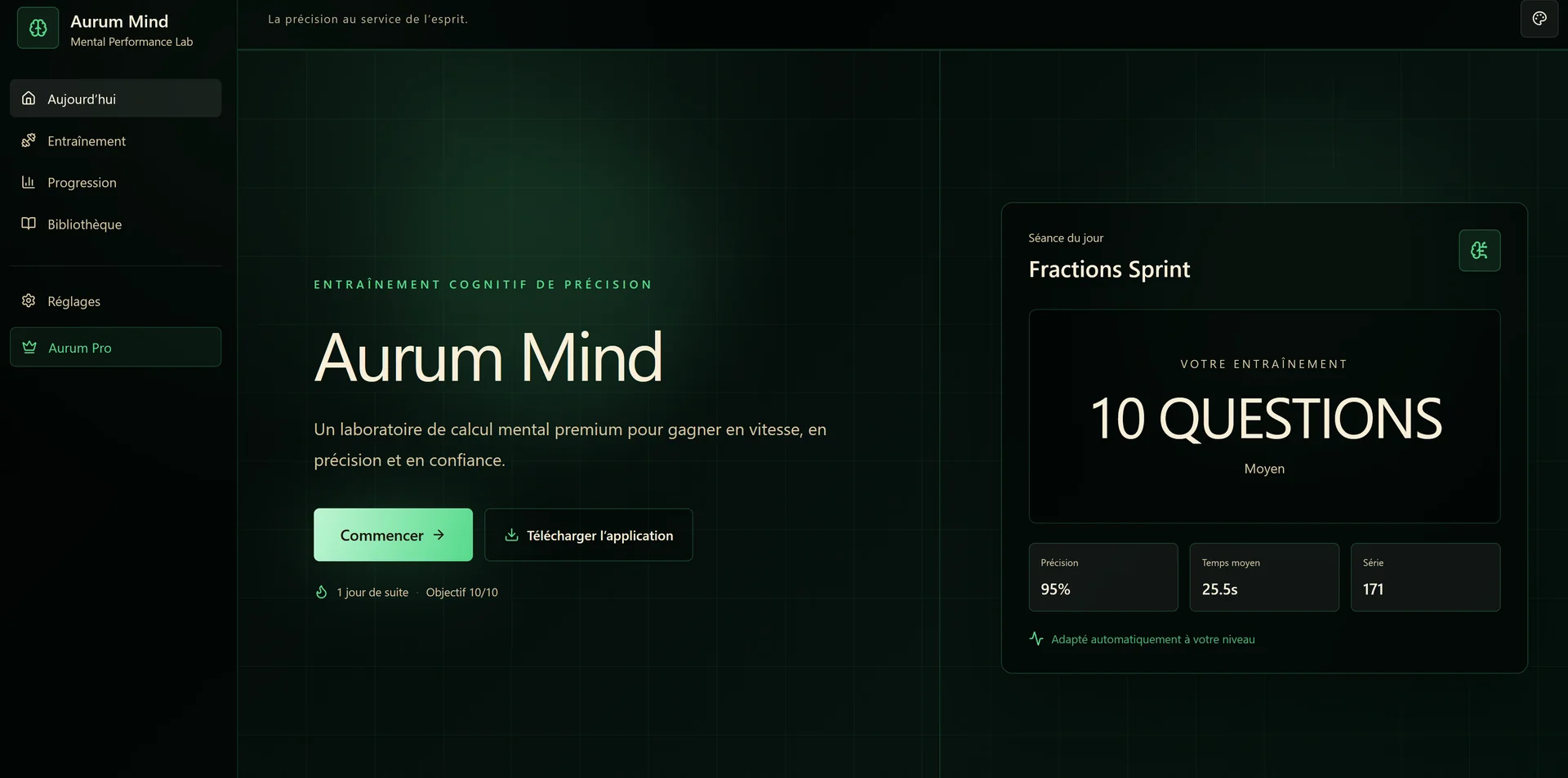 Aper&ccedil;u d'Aurum Mind, laboratoire premium d'entra&icirc;nement au calcul mental