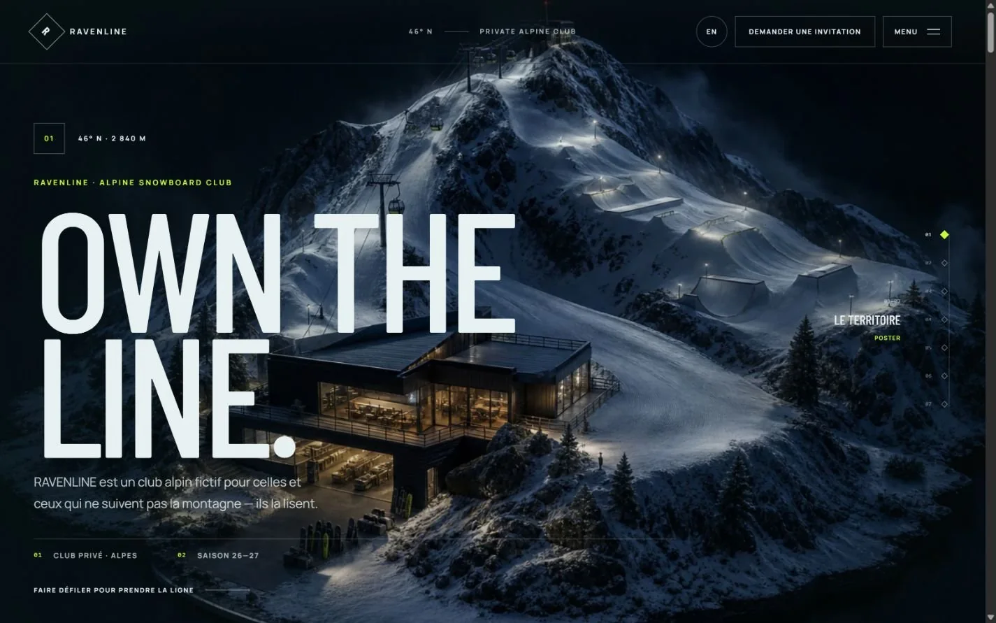 Aper&ccedil;u de RAVENLINE, club de snowboard alpin explor&eacute; dans une travers&eacute;e cin&eacute;matique